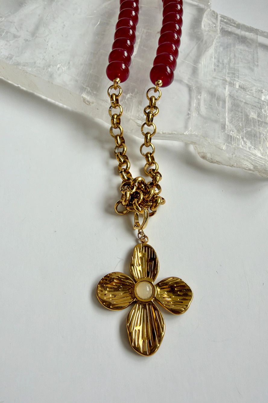 Carmina – Red Jade Necklace with Removable Flower Pendant 22in - Picture 6 of 8